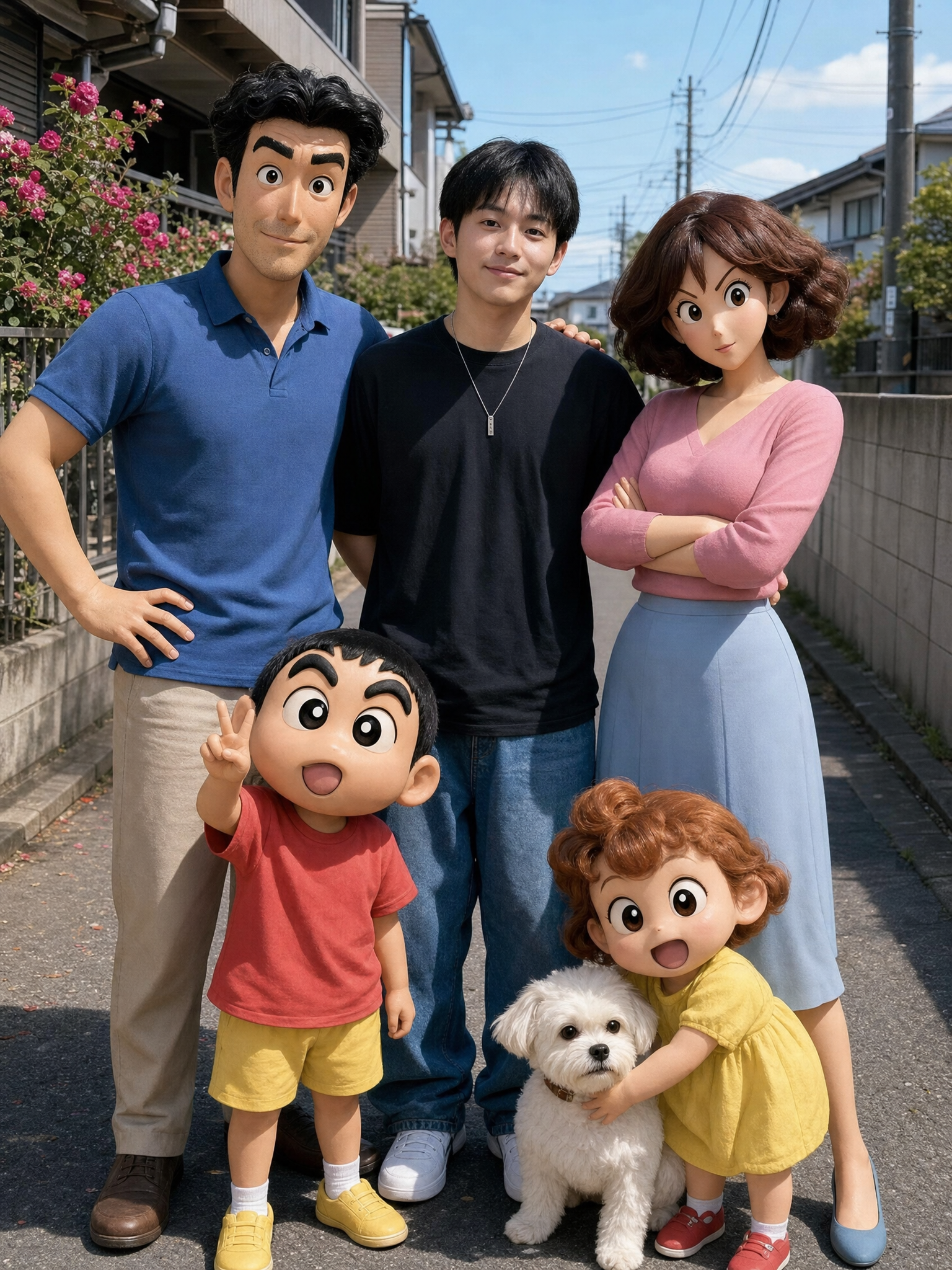 与蜡笔小新一家同框的写实肖像
