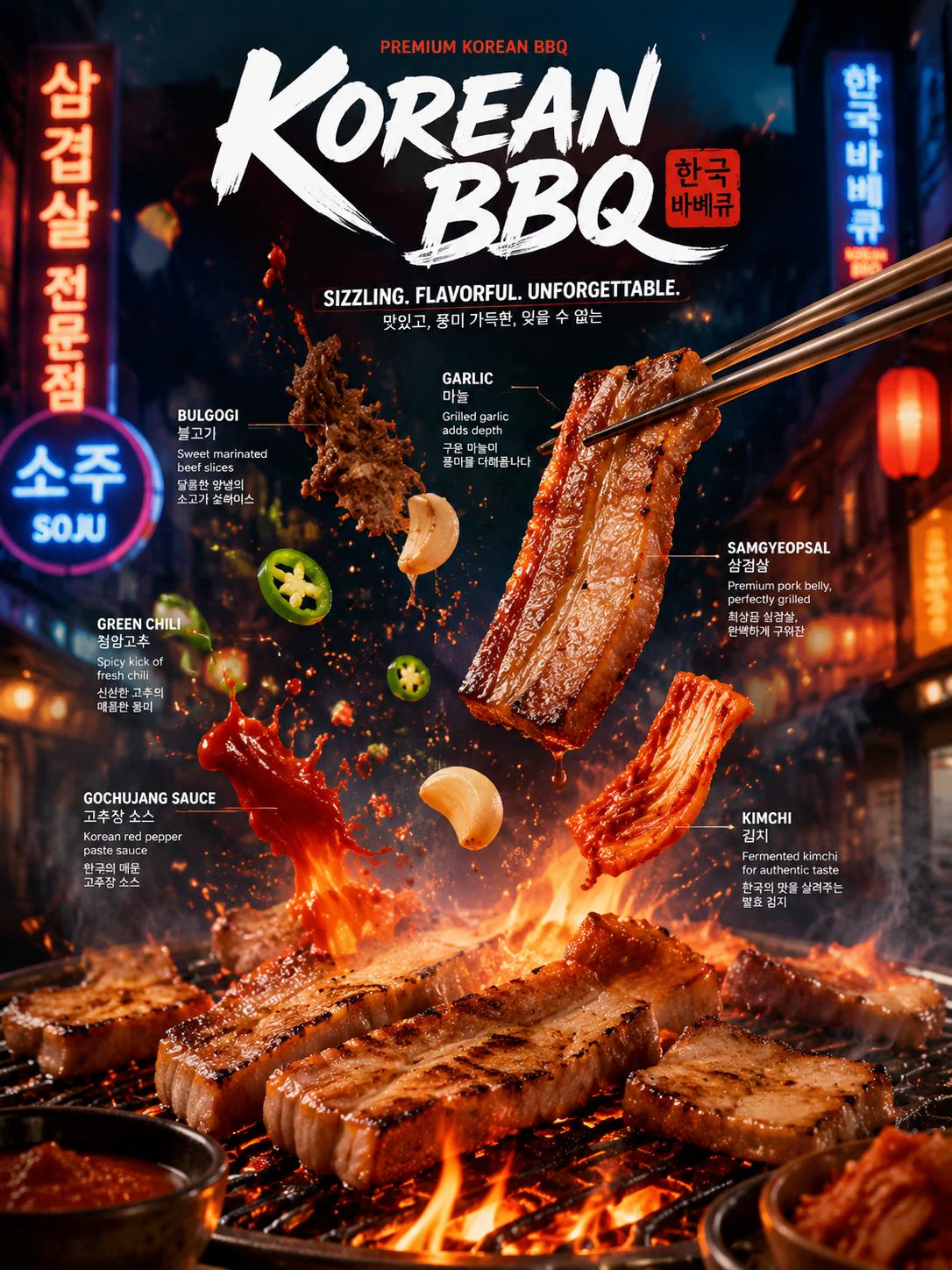 Korean BBQ Amid Flames and Neon