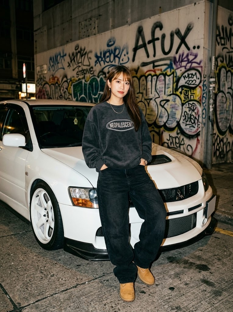 Streetwear Portrait Beside a White Evo IX