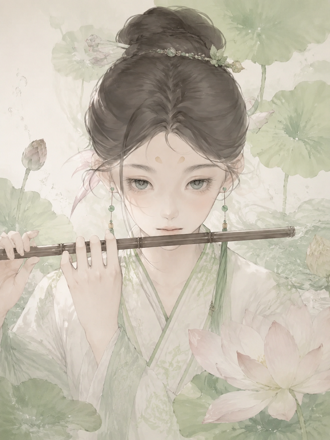 Hanfu Flutist Among Lotus Blossoms
