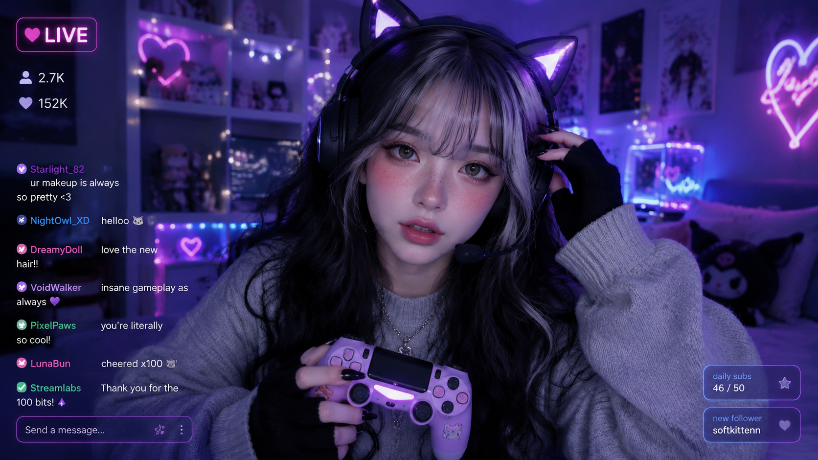 Neon Cat-Ear Gamer Girl Livestream