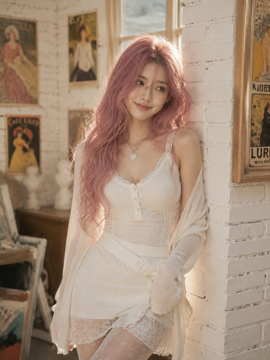 Pastel-Pink Romance by a White Brick Wall