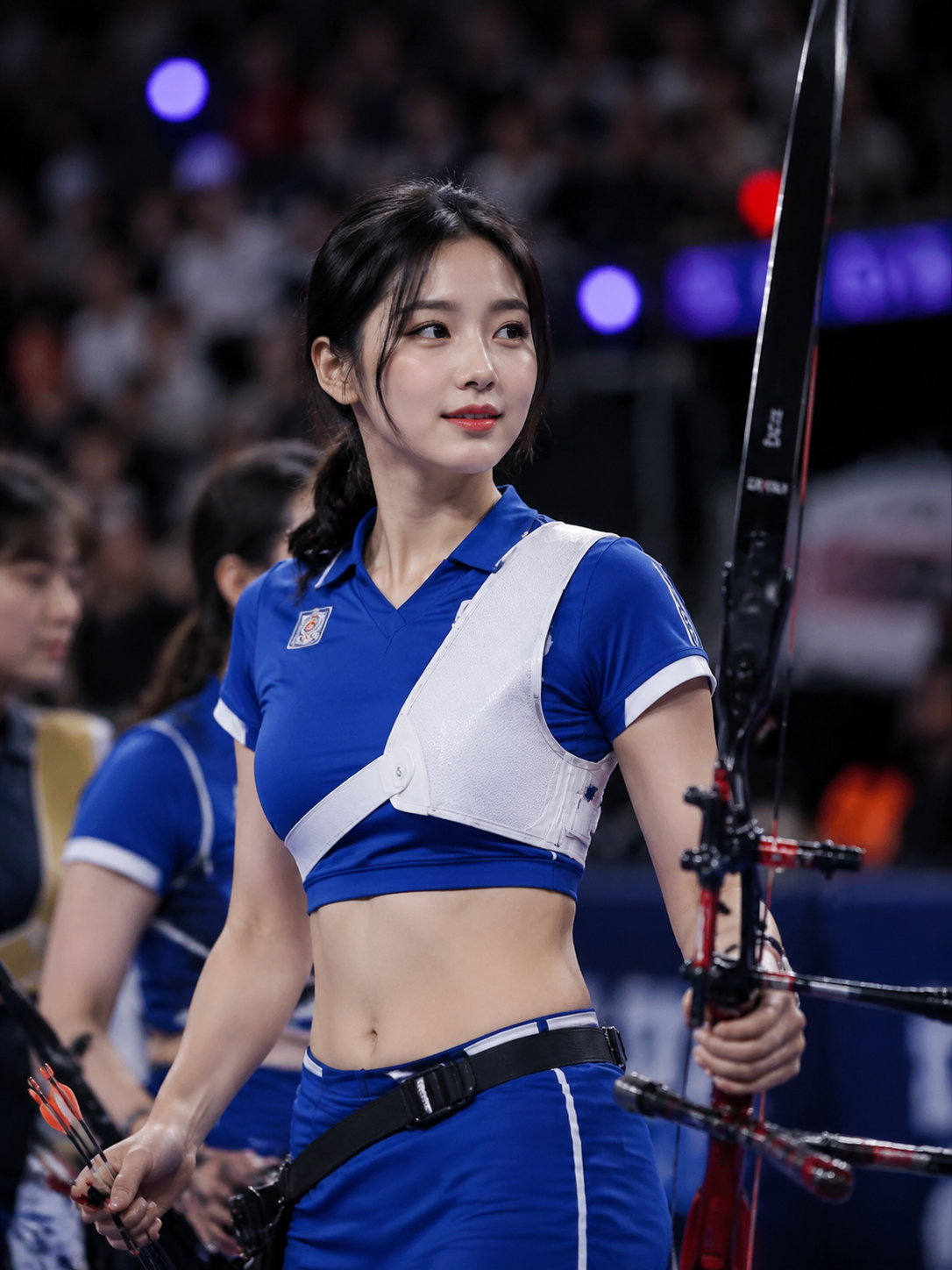 사격 후 활을 든 블루팀 여성 궁수
