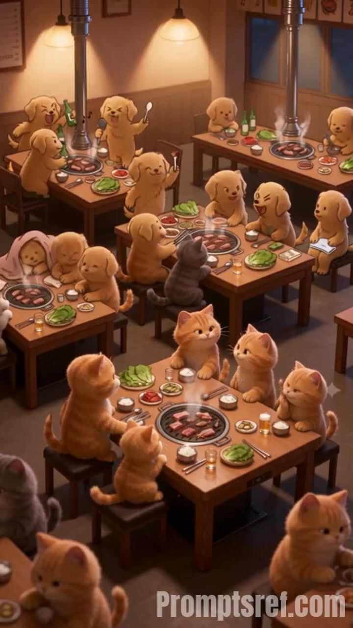 Уютный 3D-рендер собак и кошек в ресторане барбекю