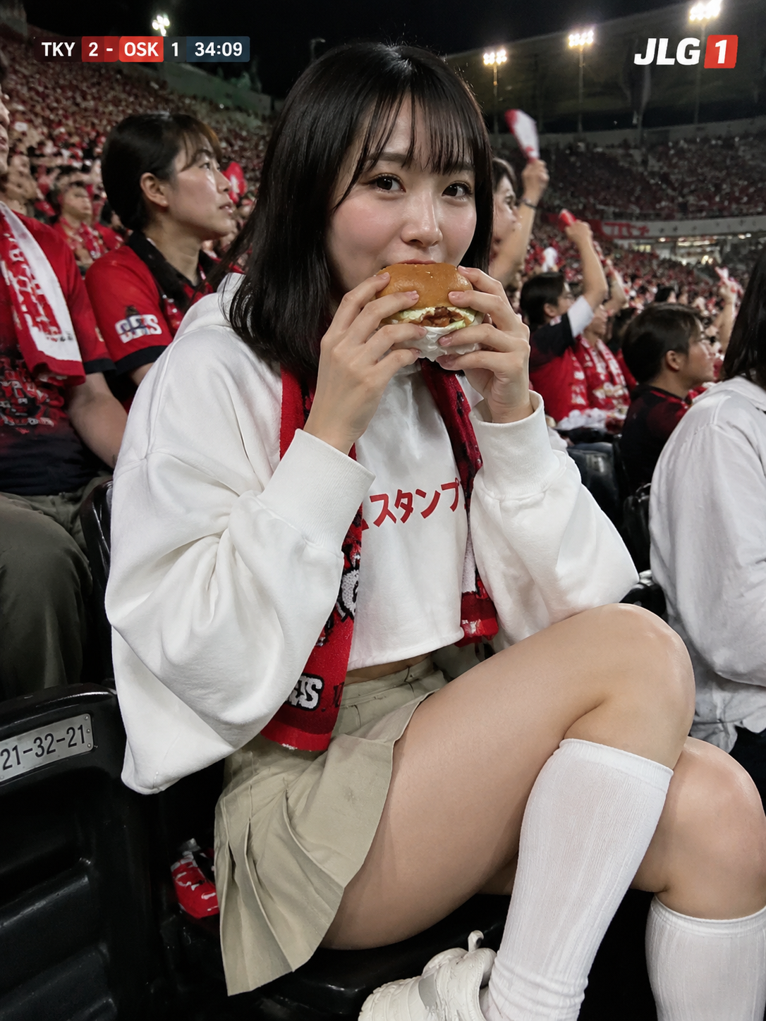 야간 J리그 관중석의 데리야키 버거 한입