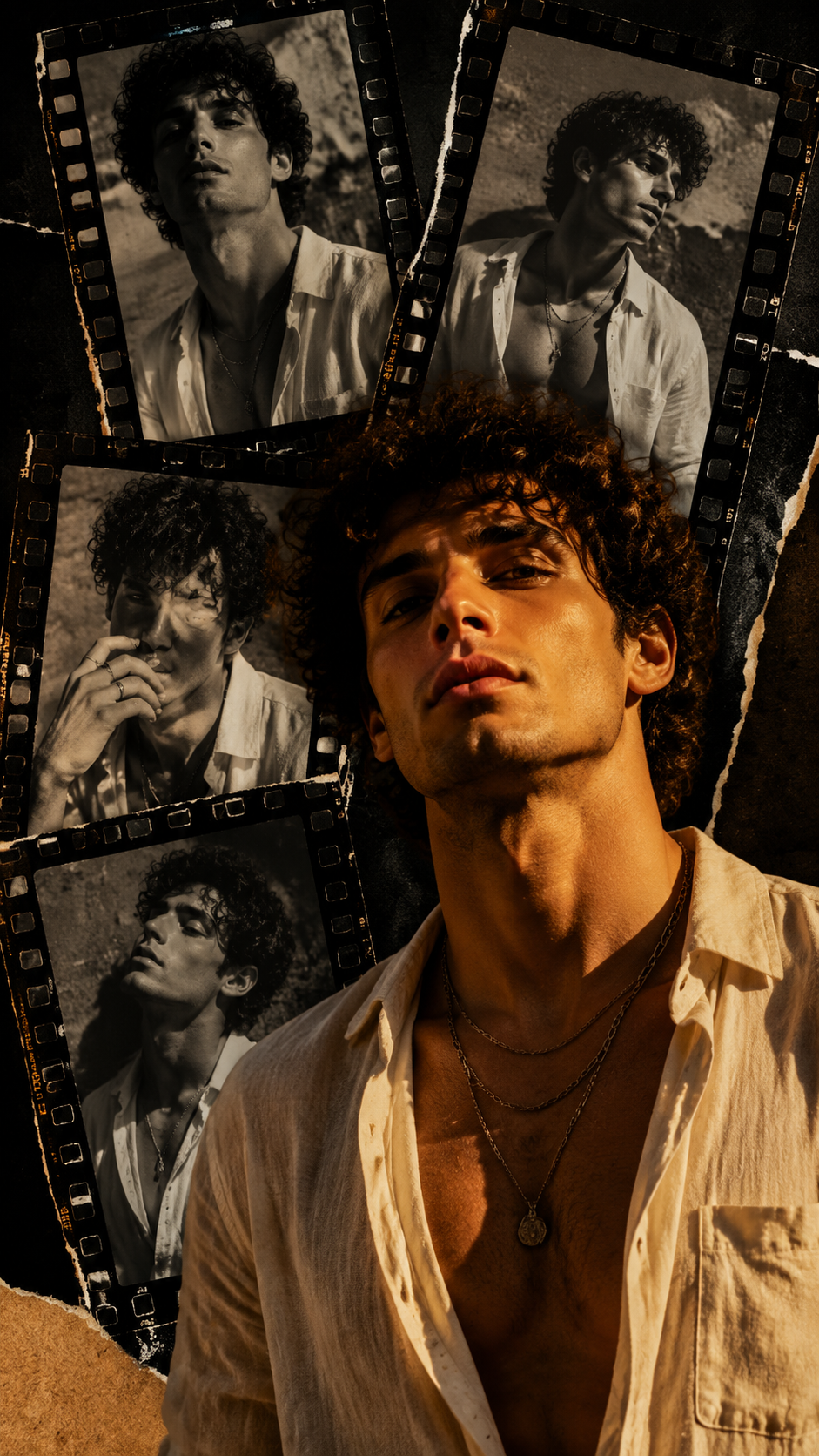 Curly-Haired Model in a Torn Filmstrip Collage