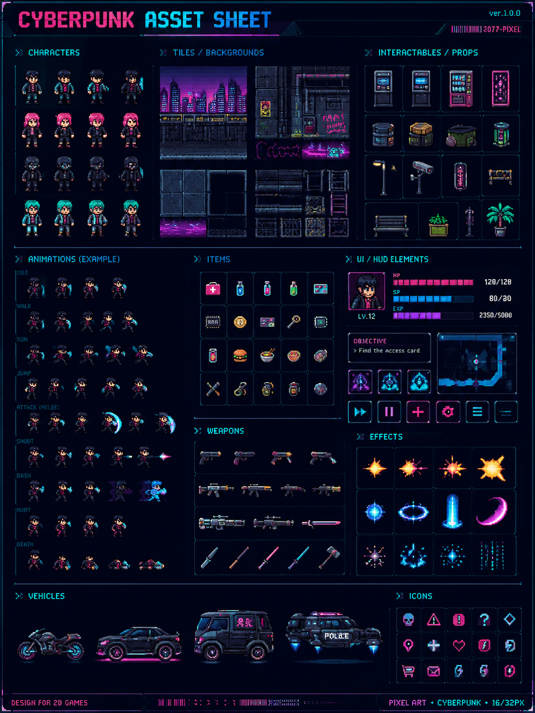 Cyberpunk Pixel Game Asset Sheet