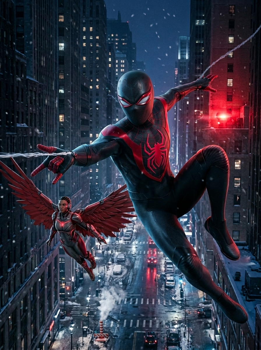 Vigilante carmesí y heroína alada en una ciudad nevada