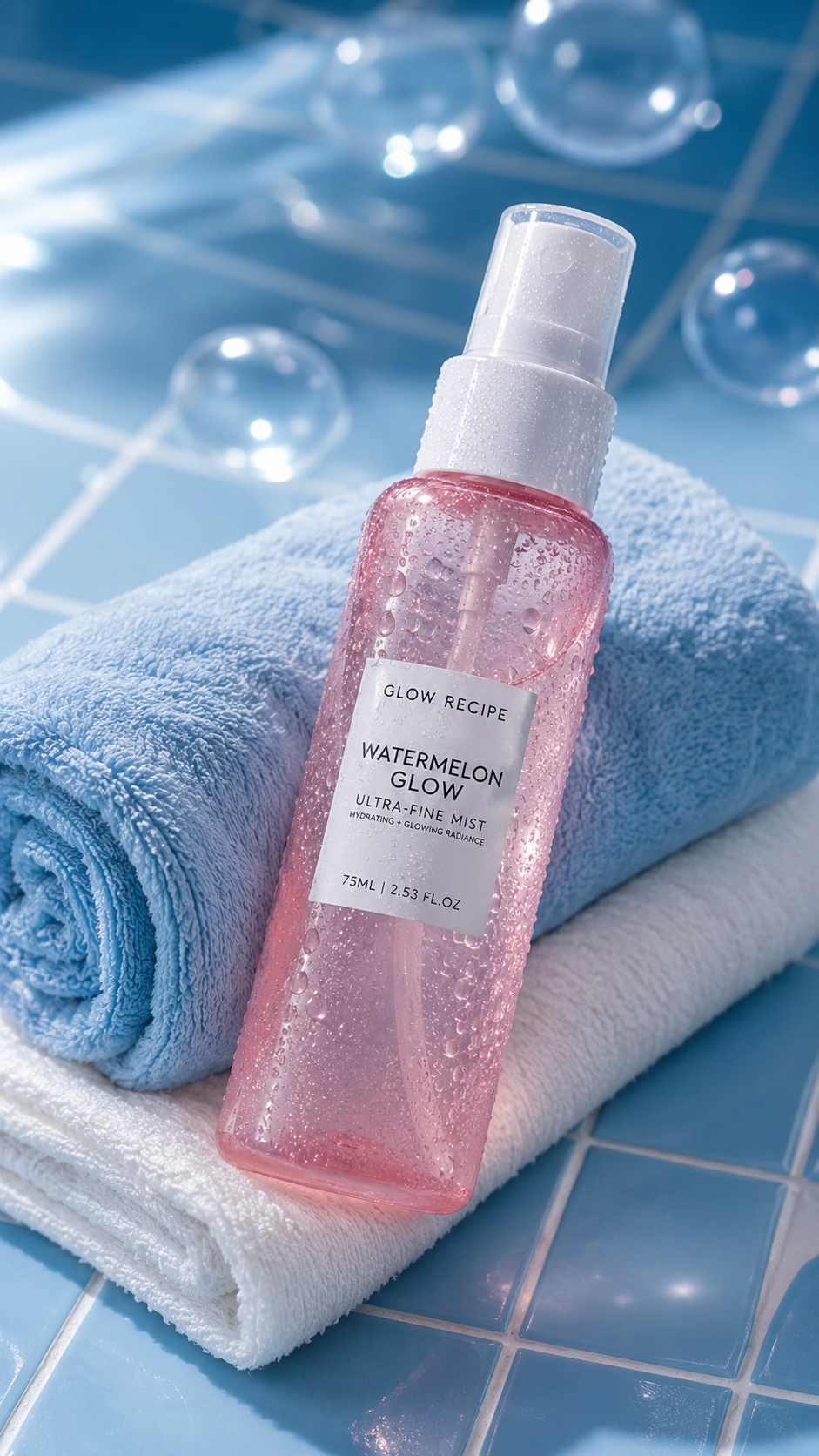 Pink Facial Mist on Blue Towels