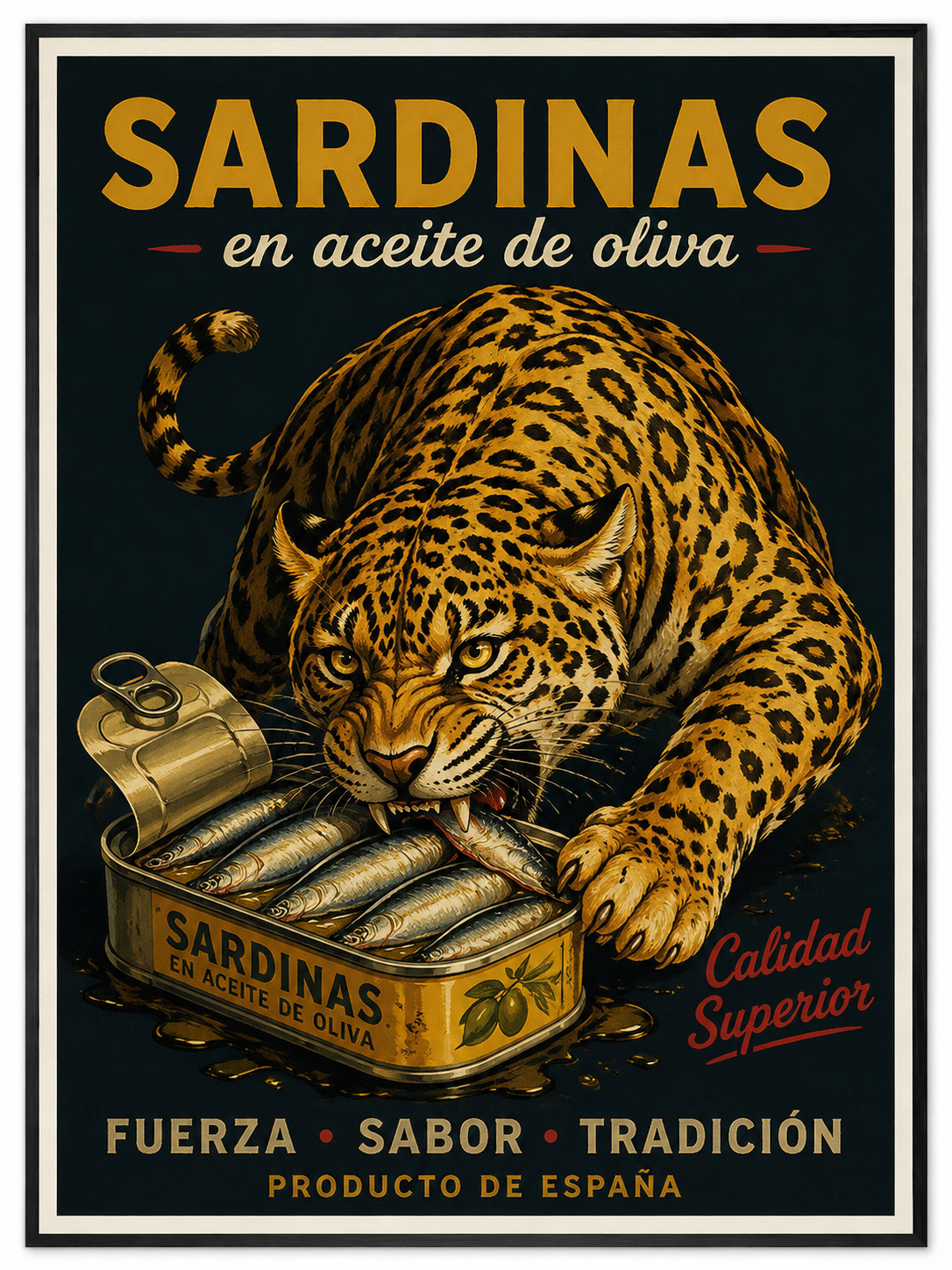 Werbung mit einem Jaguar, der Sardinen frisst
