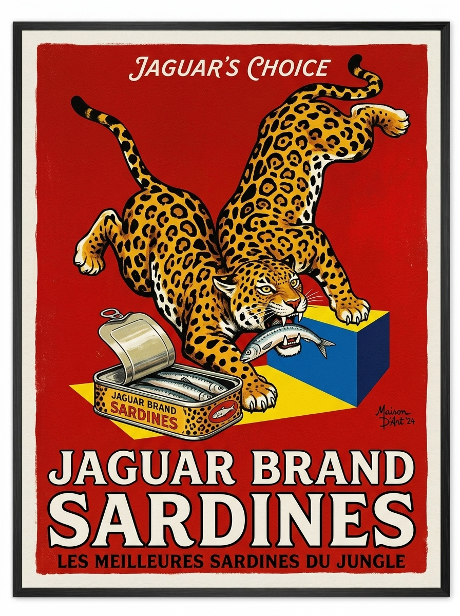 Werbung mit einem Jaguar, der Sardinen frisst
