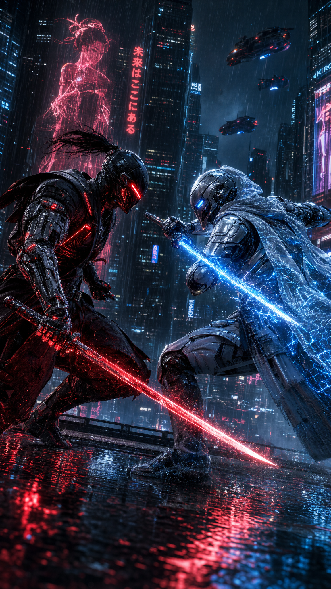 Cyberpunk Ninja Duel in a Neon City