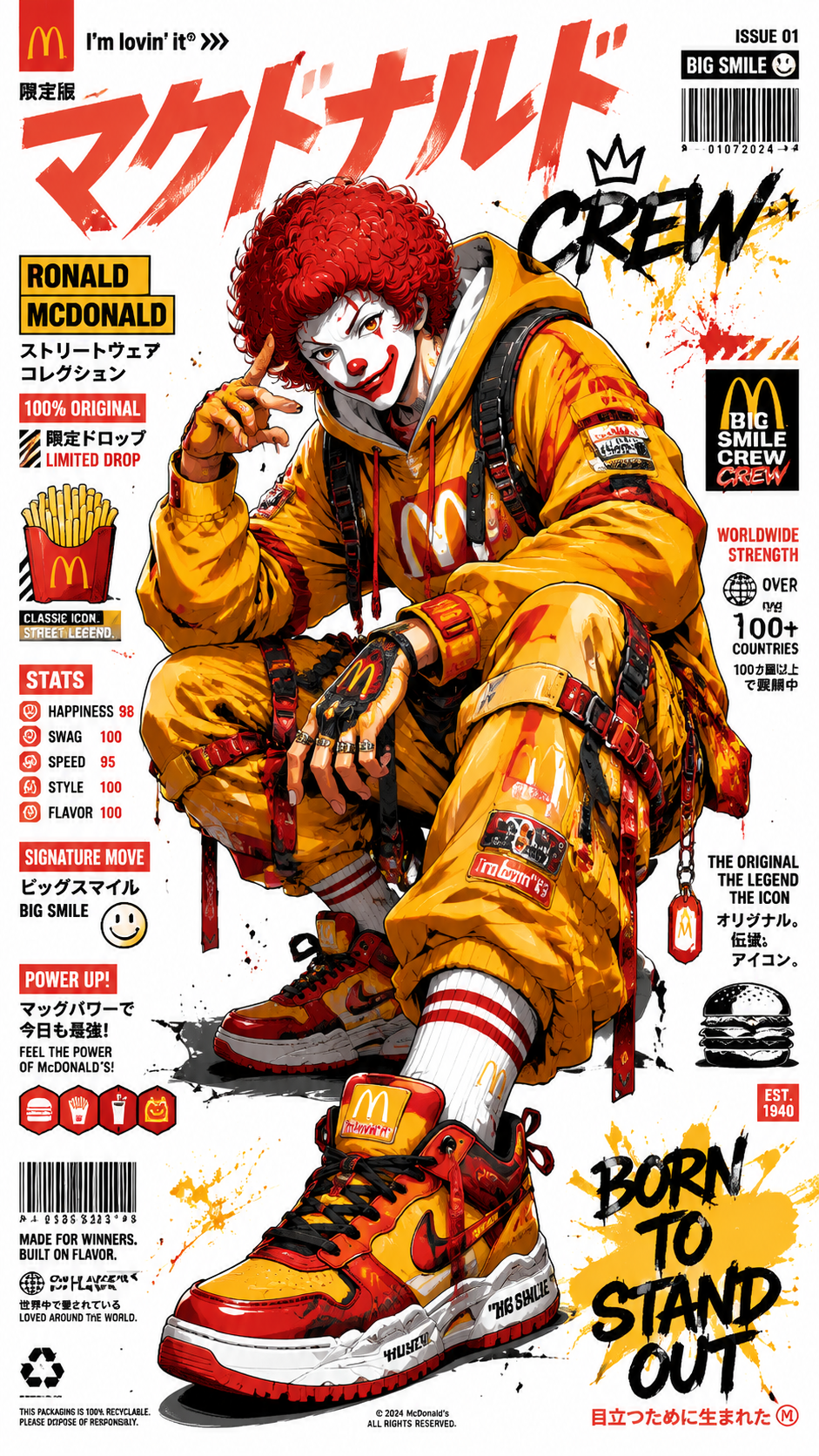 Animeposter eines Fast-Food-Maskottchens im Streetwear-Look