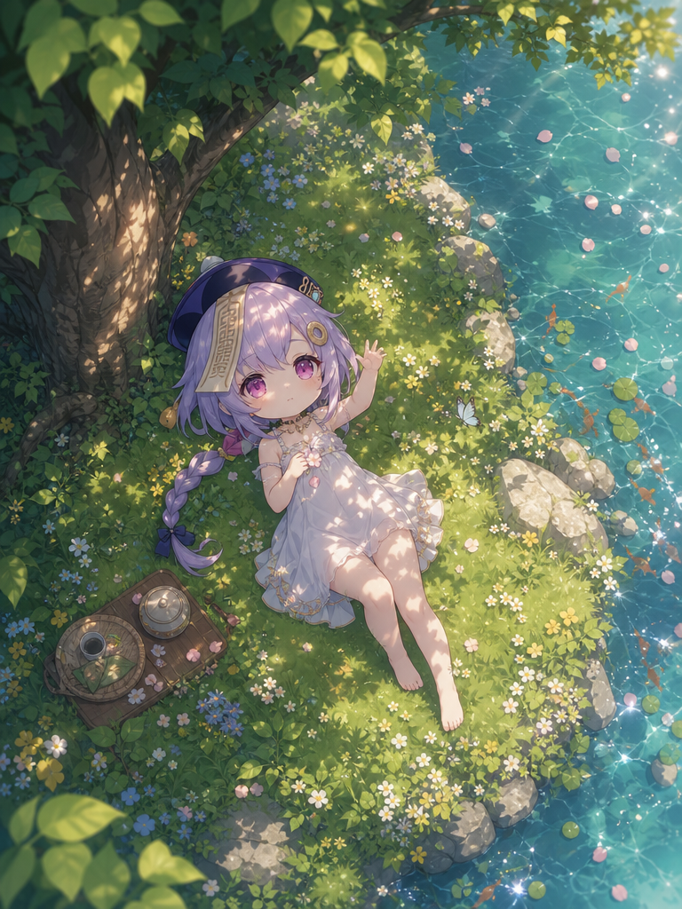 Qiqi Resting Beneath a Lakeside Tree