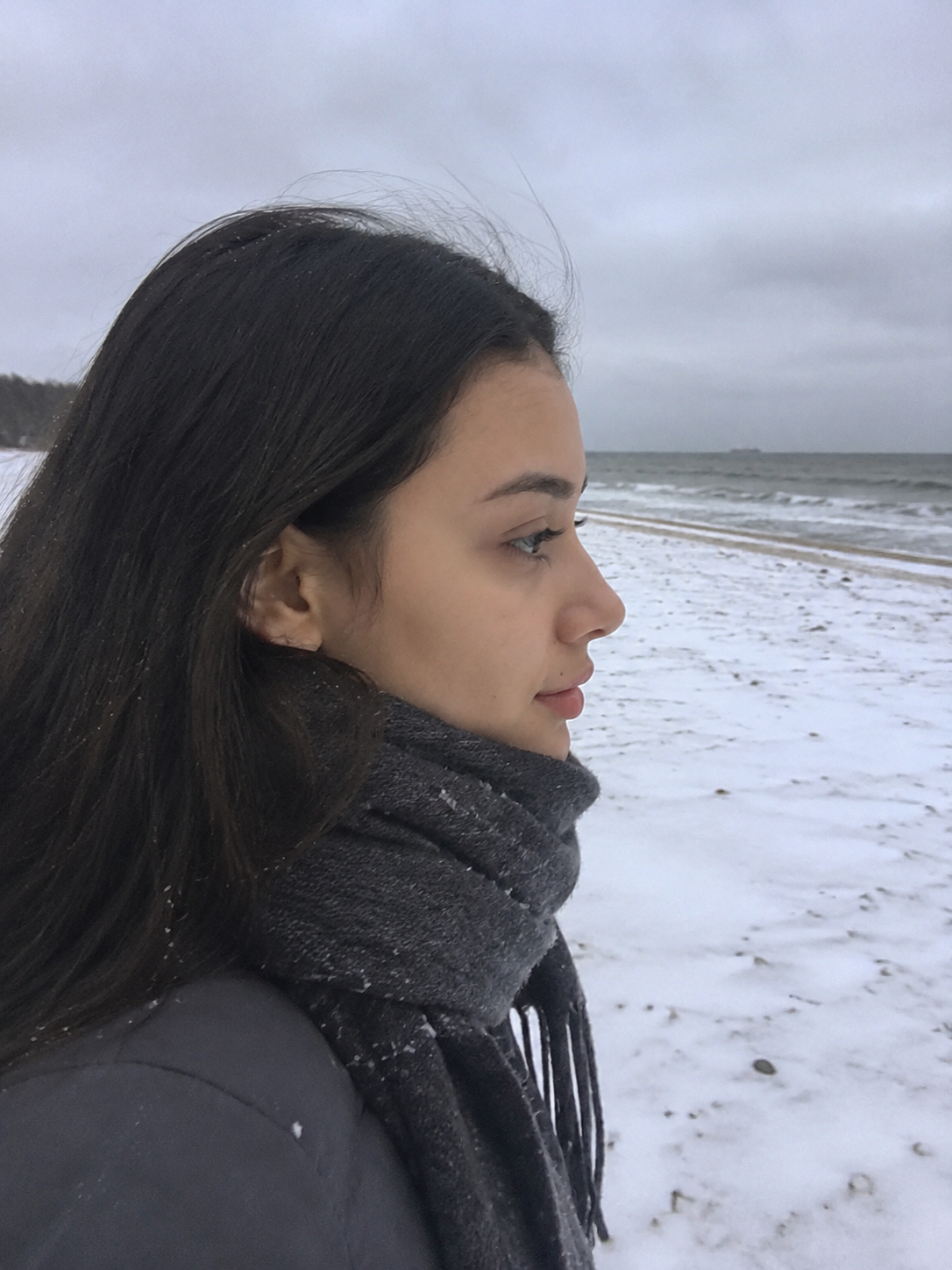 Woman Walking Alone on a Snowy Winter Beach