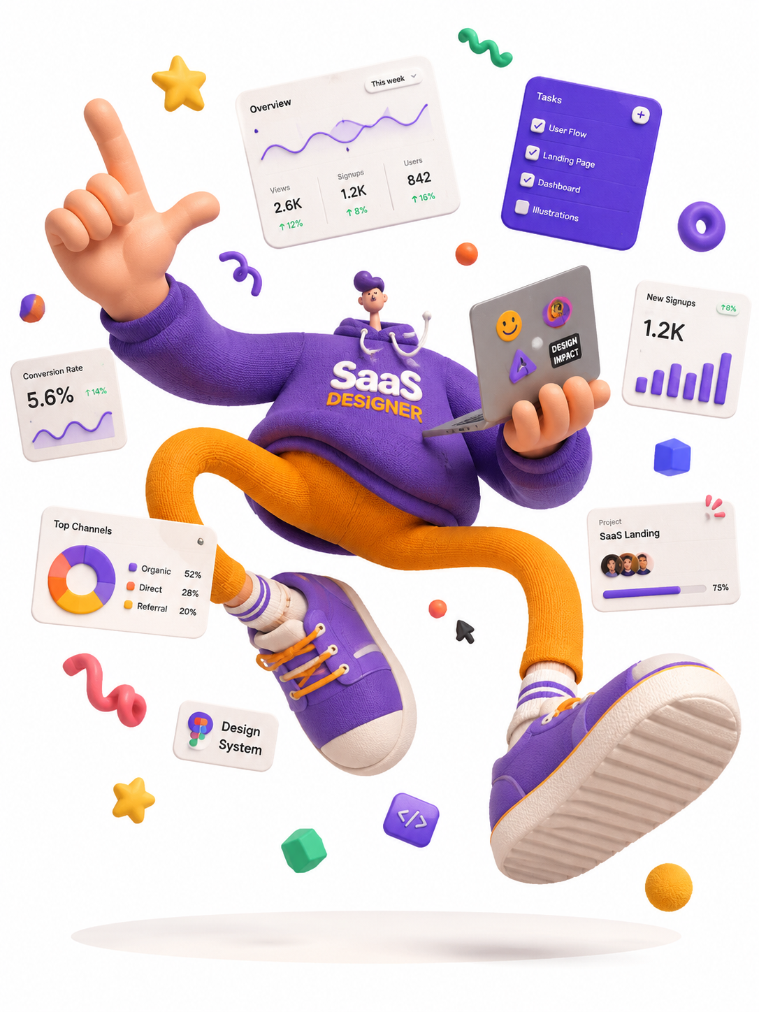 Floating SaaS Designer in Soft 3D