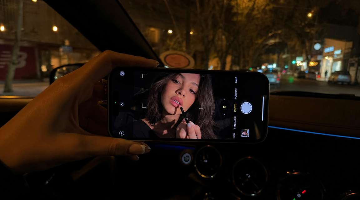 Lip Pencil Selfie in a Night Car