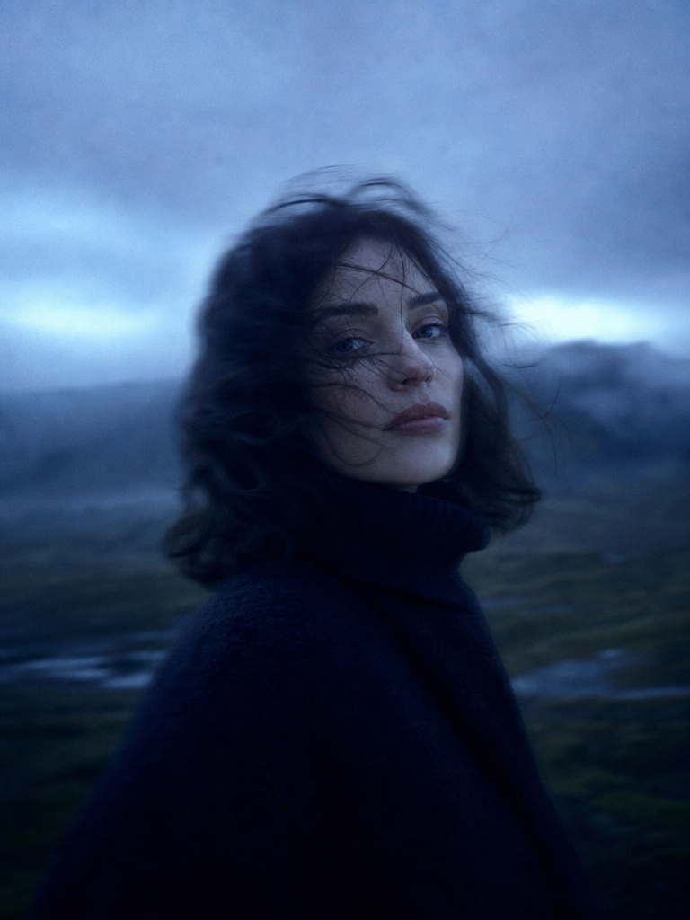 Windswept Woman at Blue Twilight