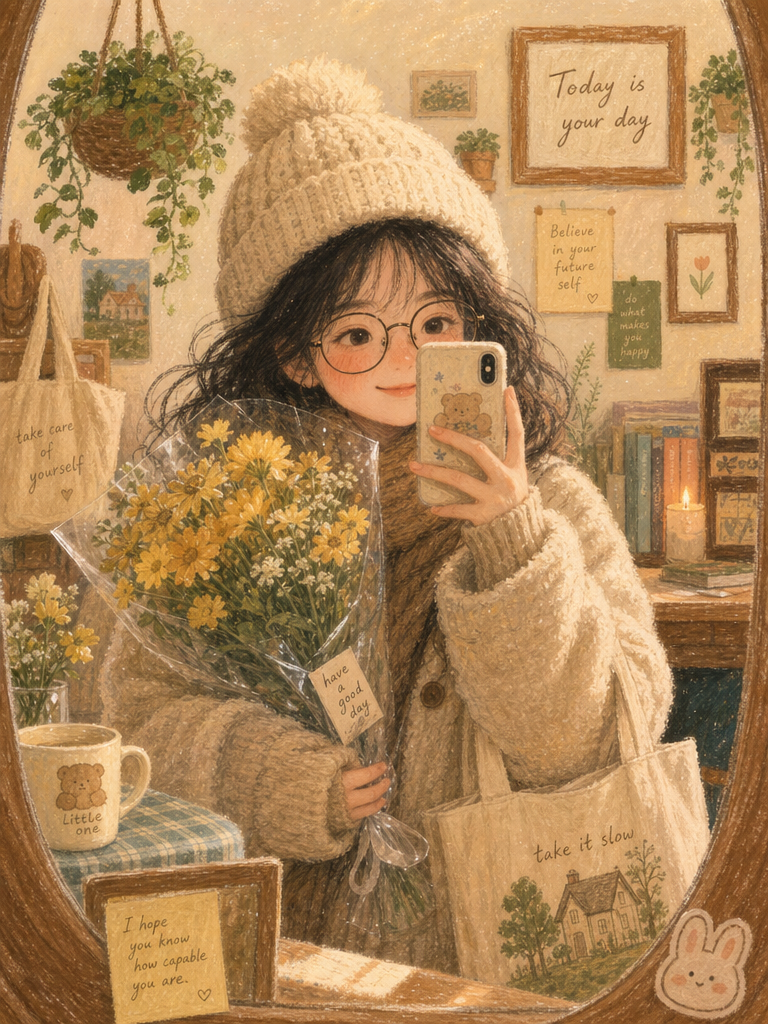 Cozy Cottagecore Mirror Selfie in Oil Pastel