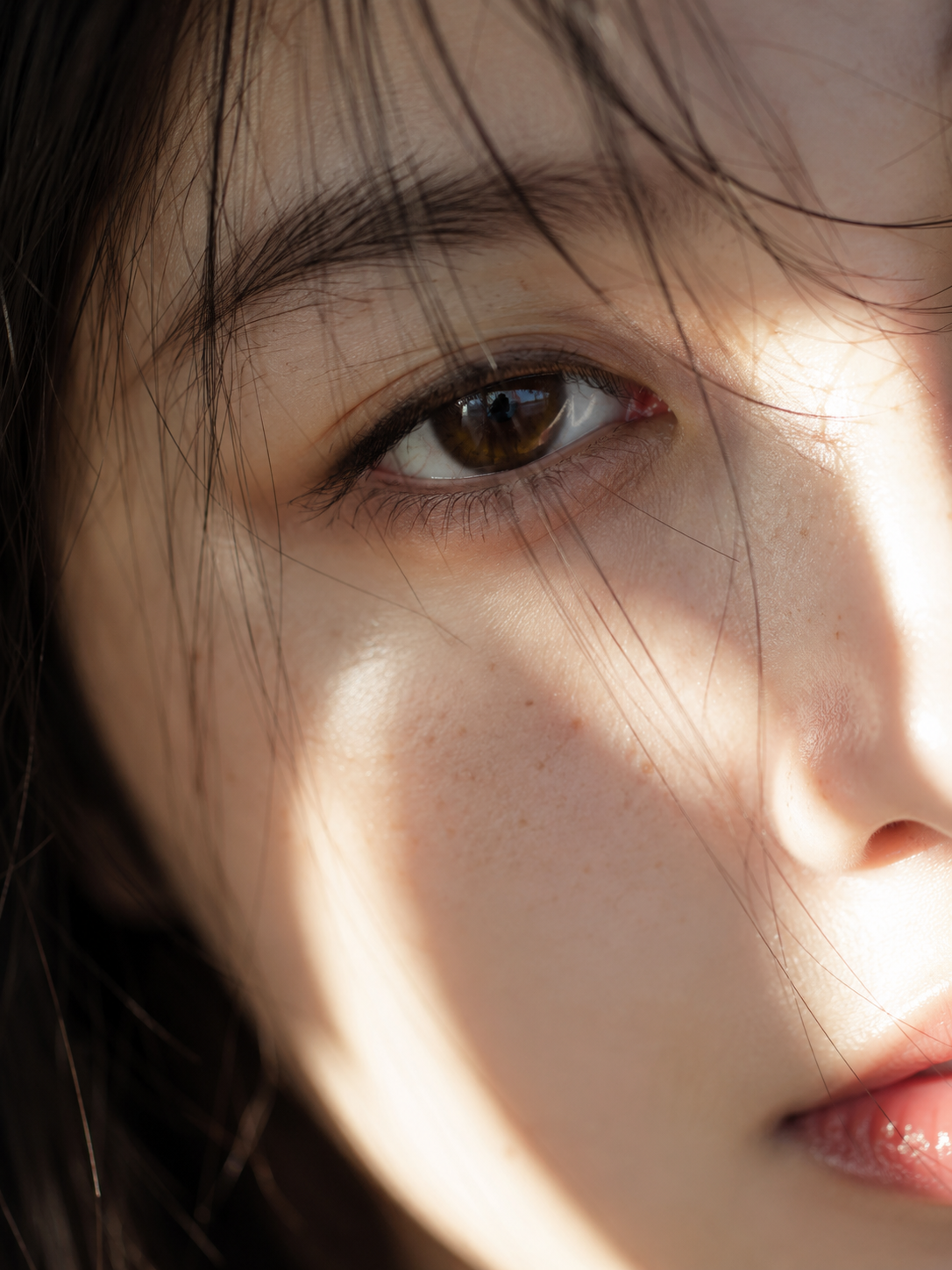 Très gros plan beauté japonaise baigné de soleil