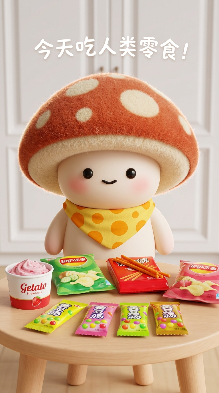 Personaje hongo peludo prueba aperitivos humanos