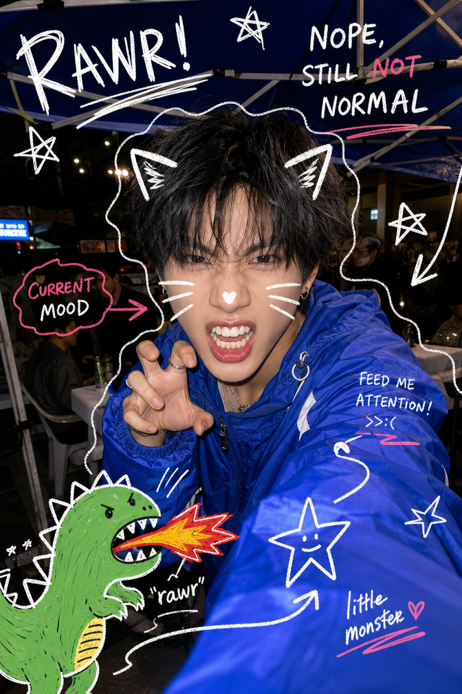 Selfie nocturno Y2K con garabatos RAWR