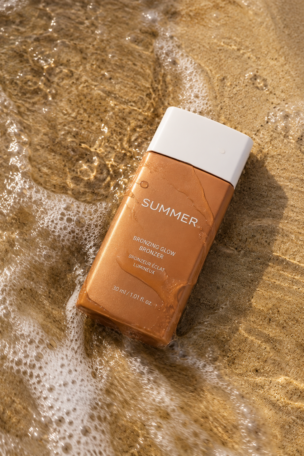Bronzer Bottle on a Golden-Hour Beach