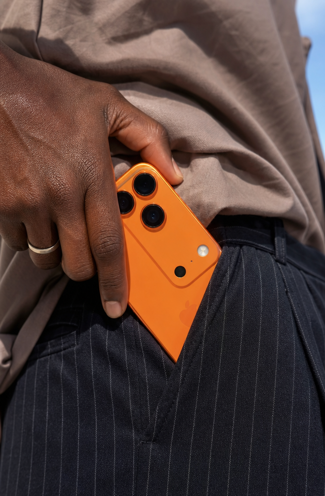 Smartphone naranja guardándose en un bolsillo