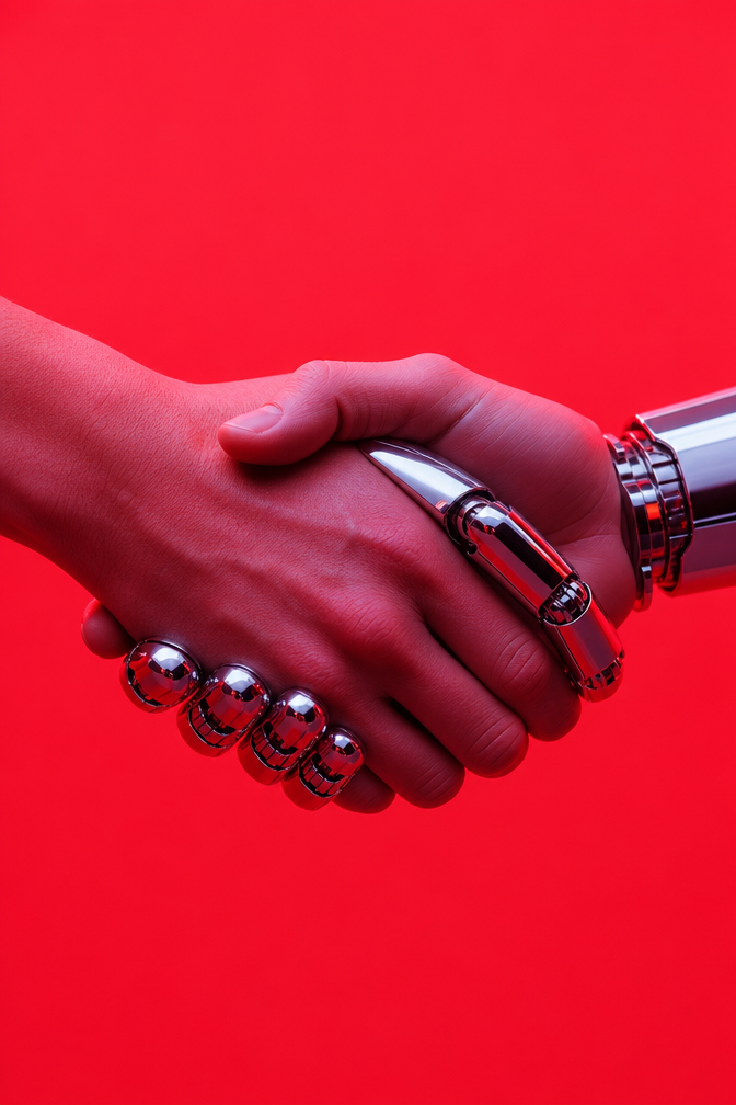 Handschlag zwischen Mensch und Roboter in Karmesin