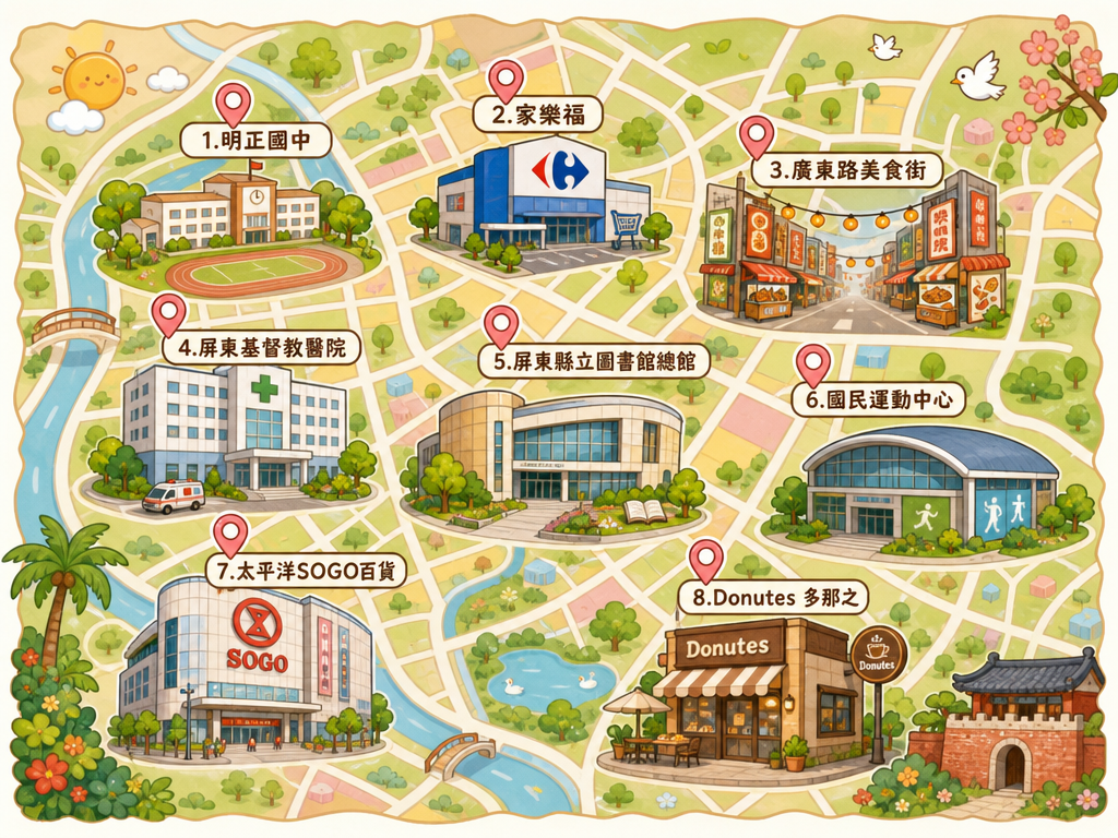 Carte touristique chibi de la ville de Pingtung