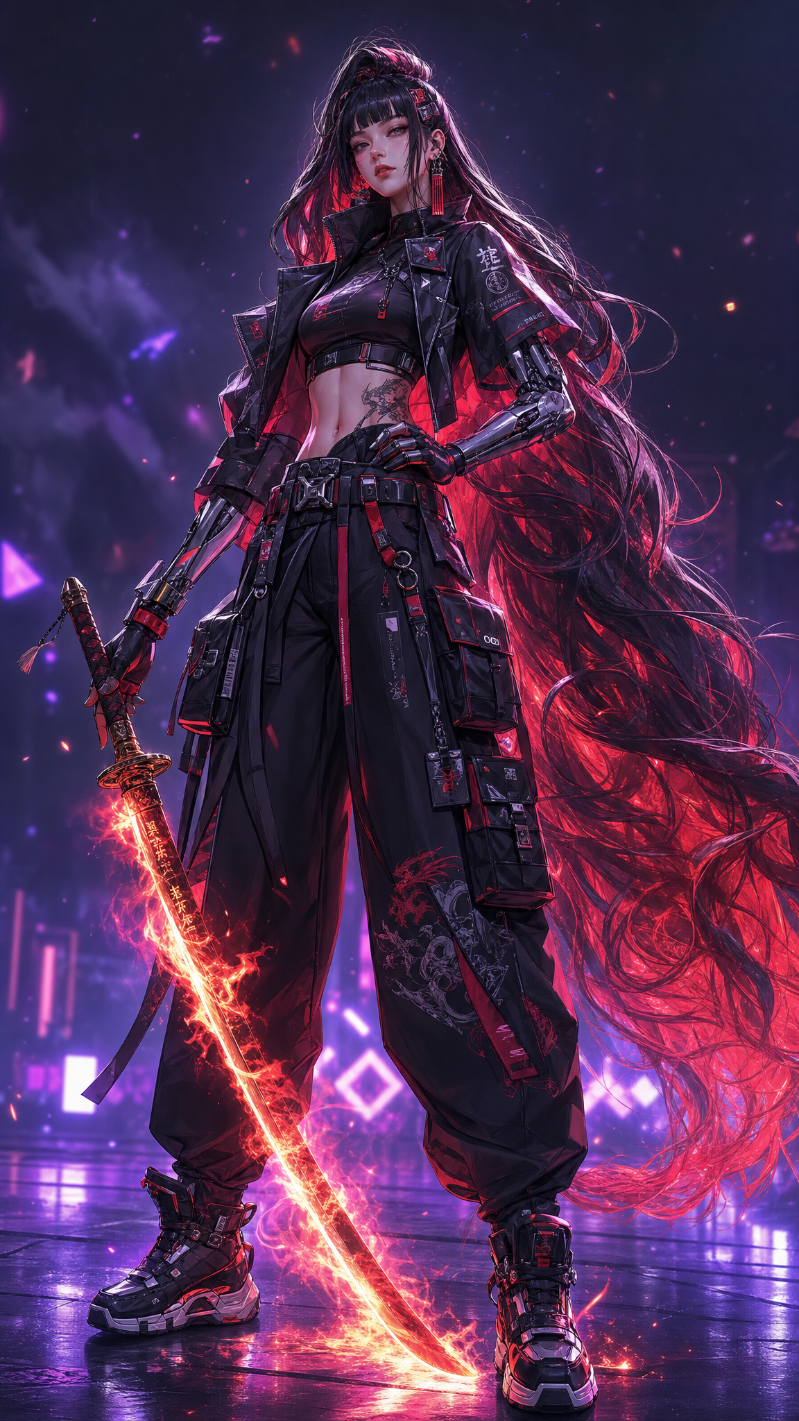 Cyber Swordswoman with Flame-Like Hair