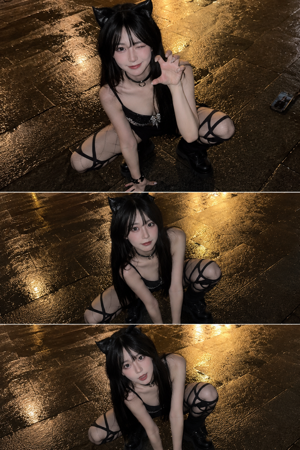 Gothic Cat Cosplayer on a Rainy Night