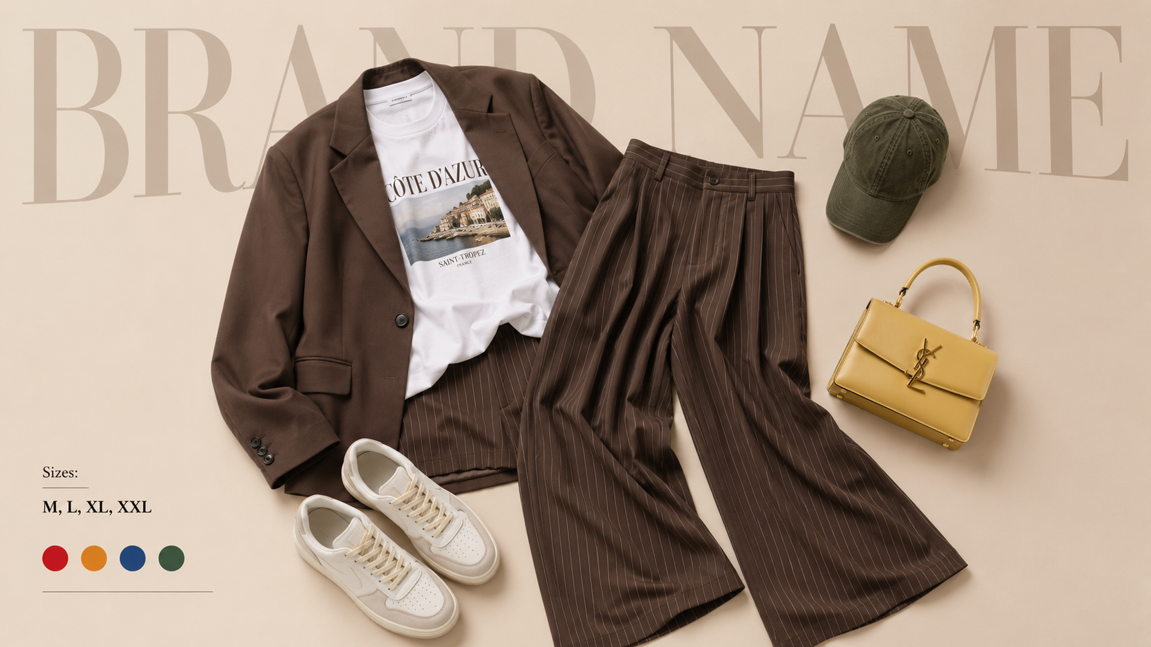 Modekatalog-Flatlay auf beigem Hintergrund
