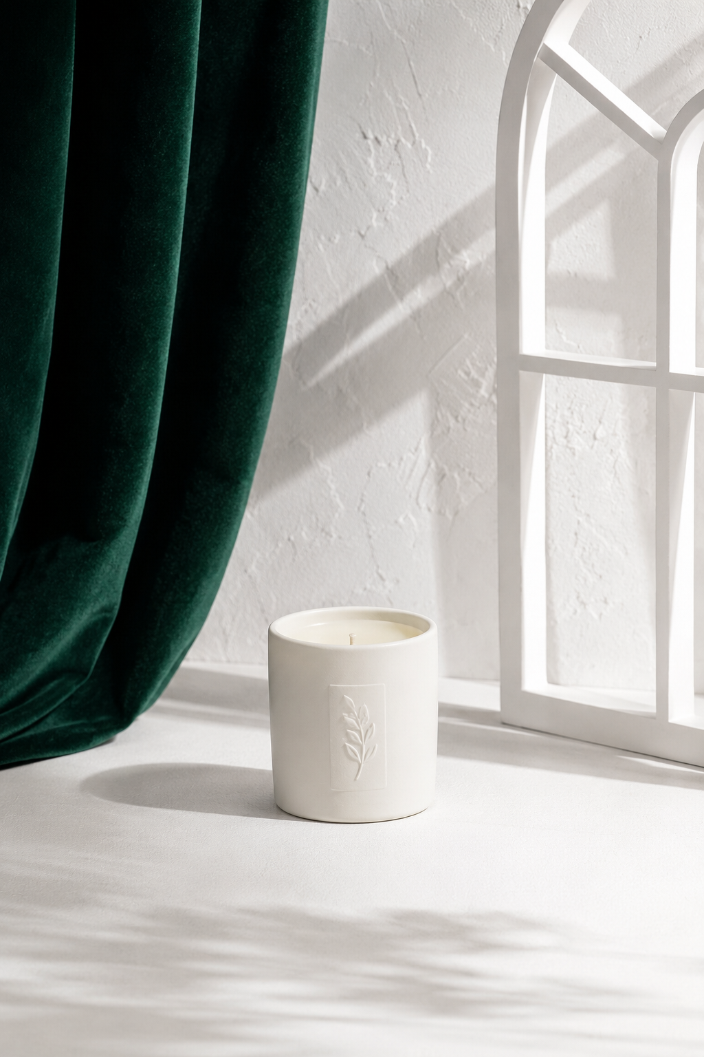 Minimal White Candle with Emerald Velvet