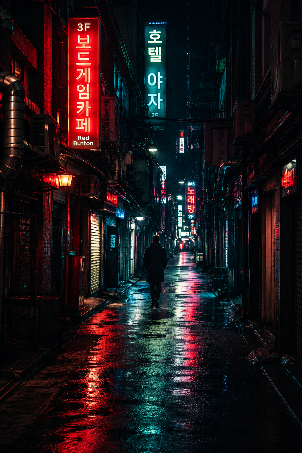 Lone Pedestrian in a Neon Alley