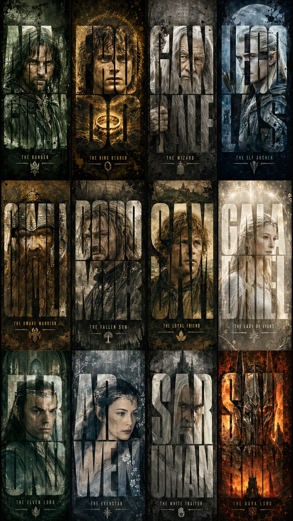 Grille de douze cartes de personnages du Seigneur des Anneaux