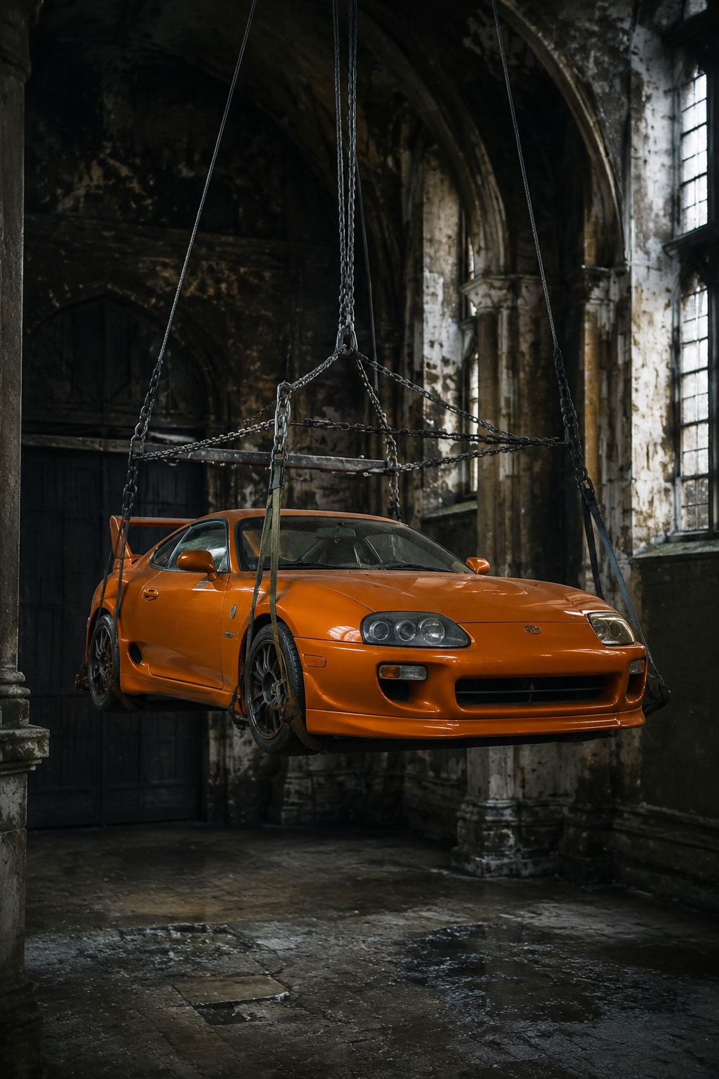 Orange Toyota Supra Suspended in a Gothic Hall