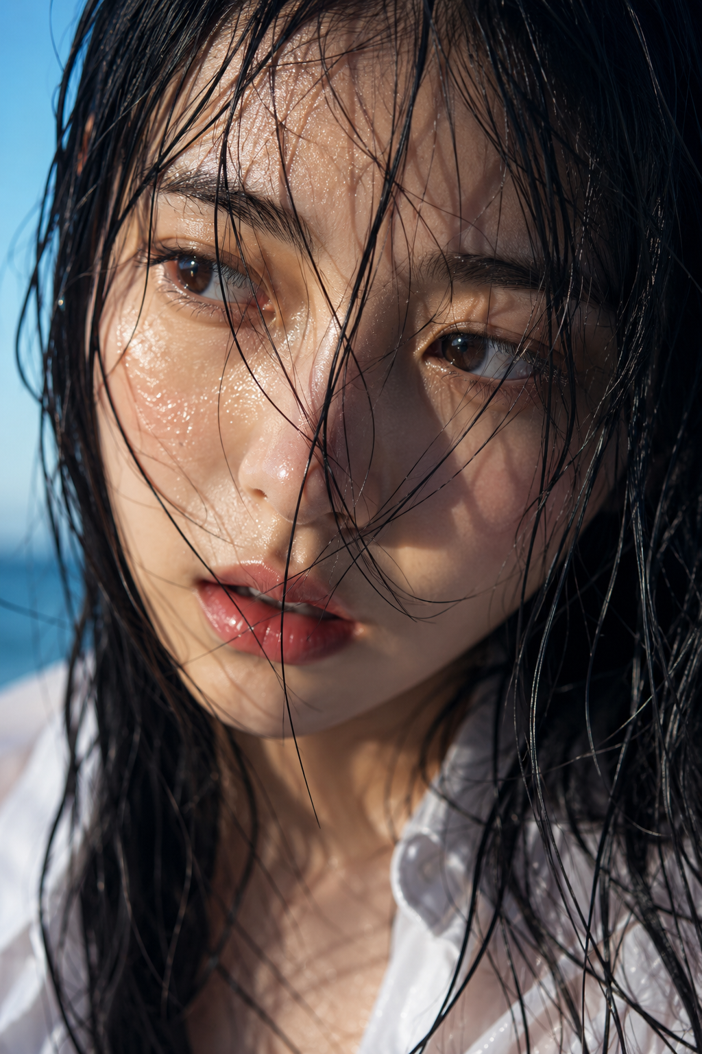 Sunlit Wet-Hair Cinematic Close-Up