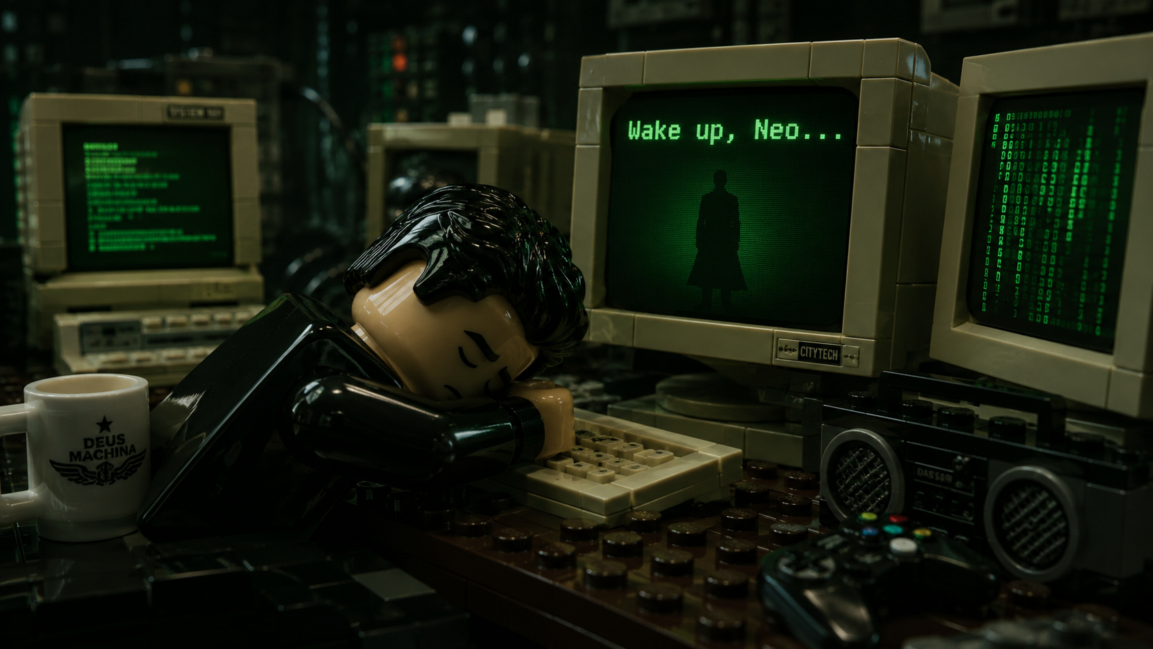 Lego Neo Asleep at the Matrix Terminal