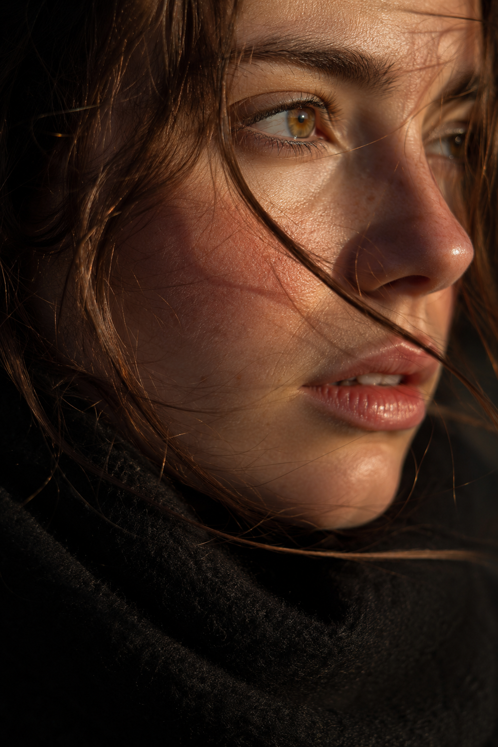 Windblown Amber-Eyed Cinematic Portrait