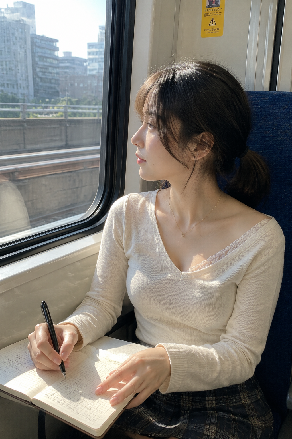 Writing in a Notebook by the Train Window
