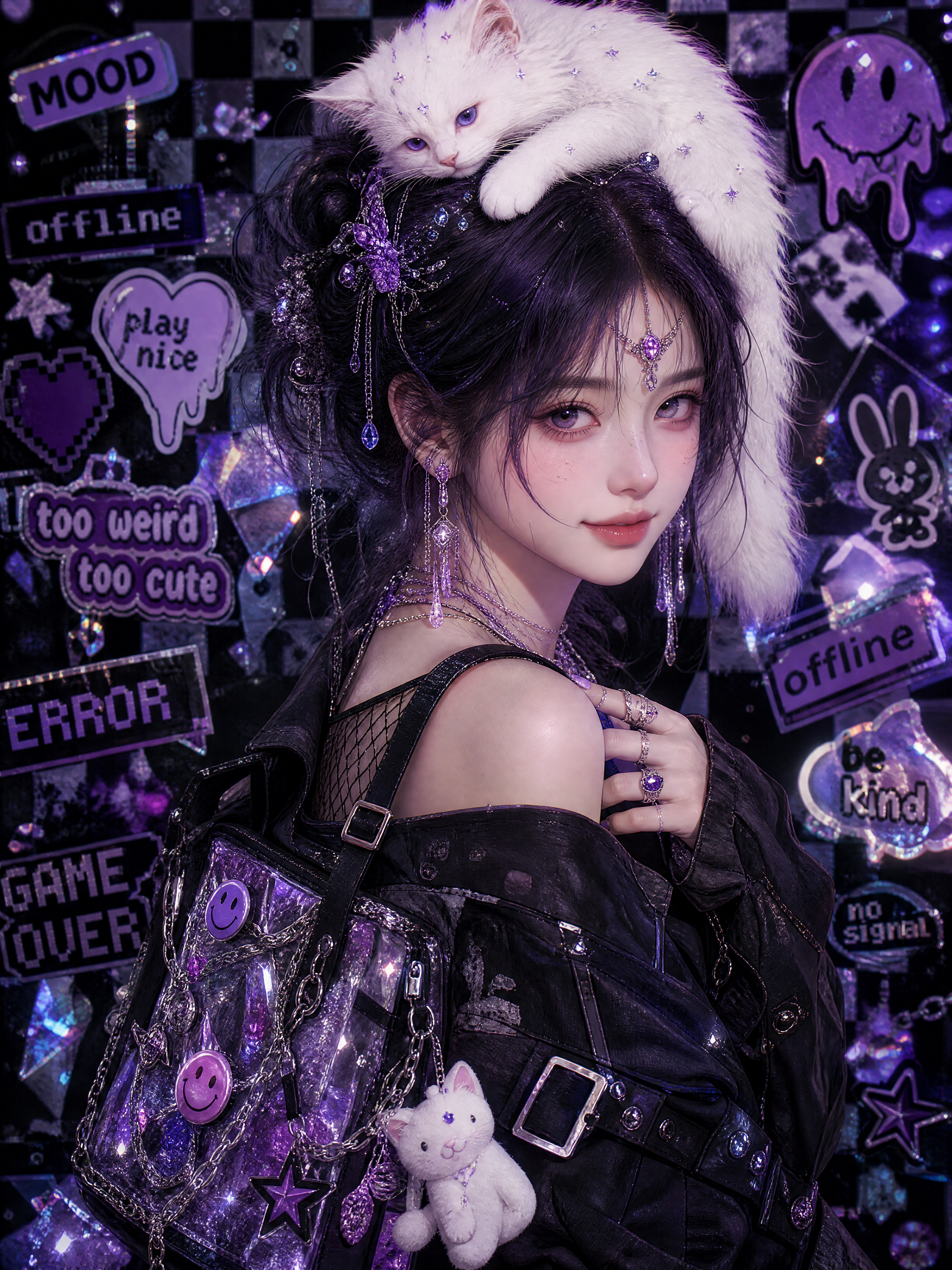 Purple Y2K Girl with a Crystal Cat