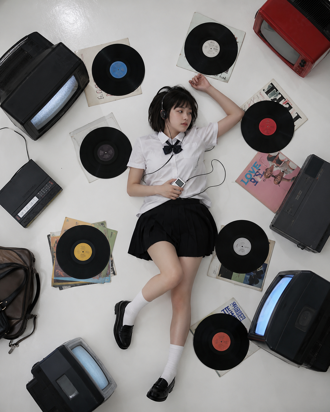 Estudiante escuchando música entre discos de vinilo