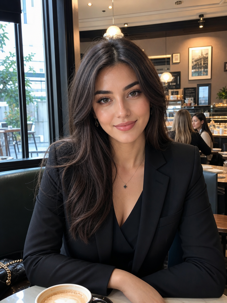 Woman in a Black Suit at a Café