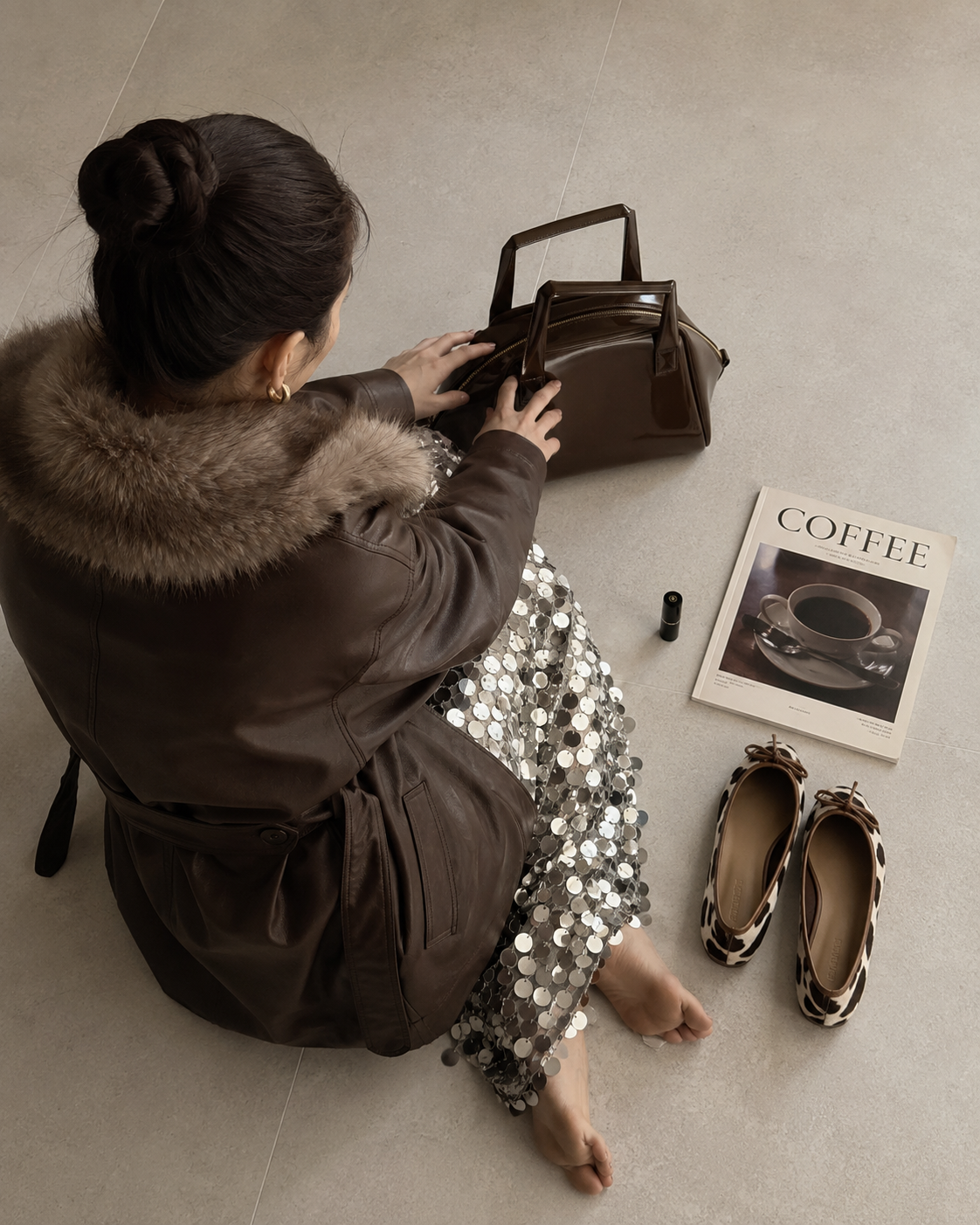 Fur-Collared Woman with a Glossy Handbag