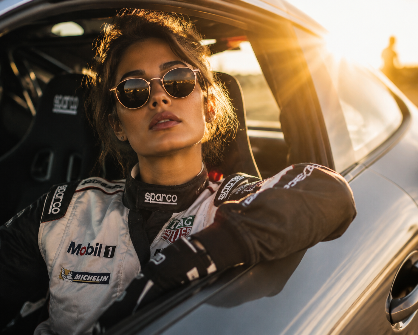 Racing-Suit Woman in a Sunlit Car