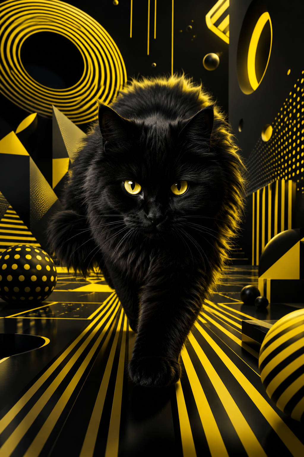 Flauschige schwarze Katze in elektrischer gelber Geometrie