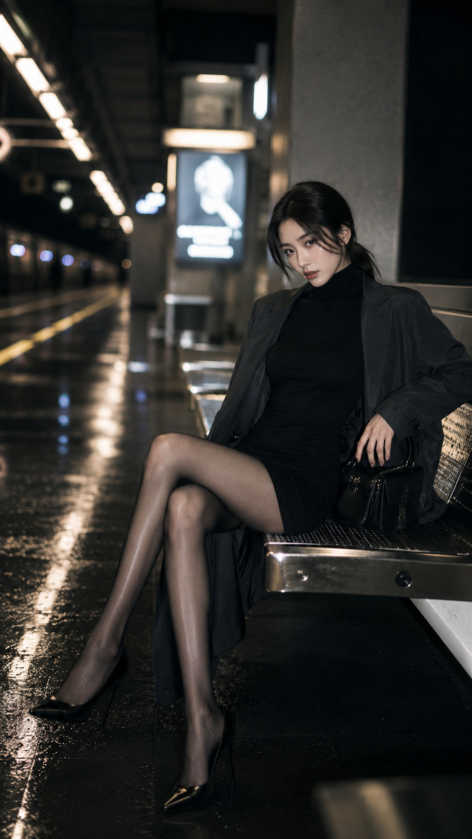 Cold Black-and-Gold Subway Portrait