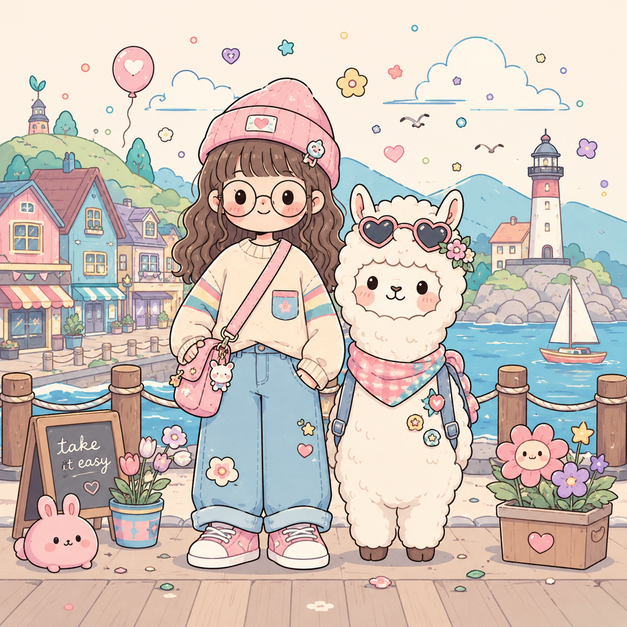 Pastel Doodle Character with Animal Companion