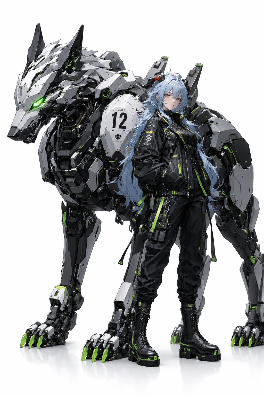 Techwear Ganyu Beside a Mechanical Wolf